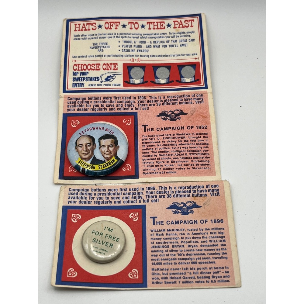 Vintage Hats Off To The Past Presidential Campaign Button Set 1952 1896 Repro